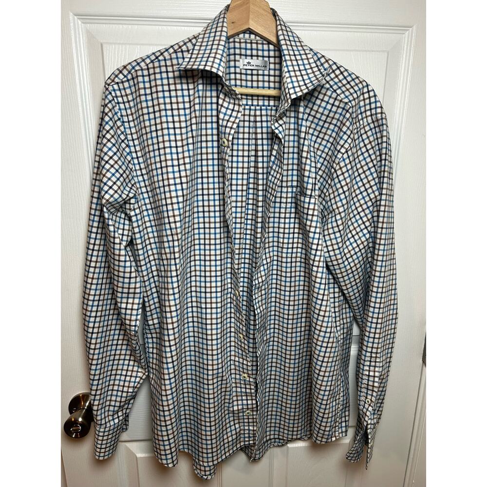 Peter Millar Size Large Button-Down Brown Blue Casual Business